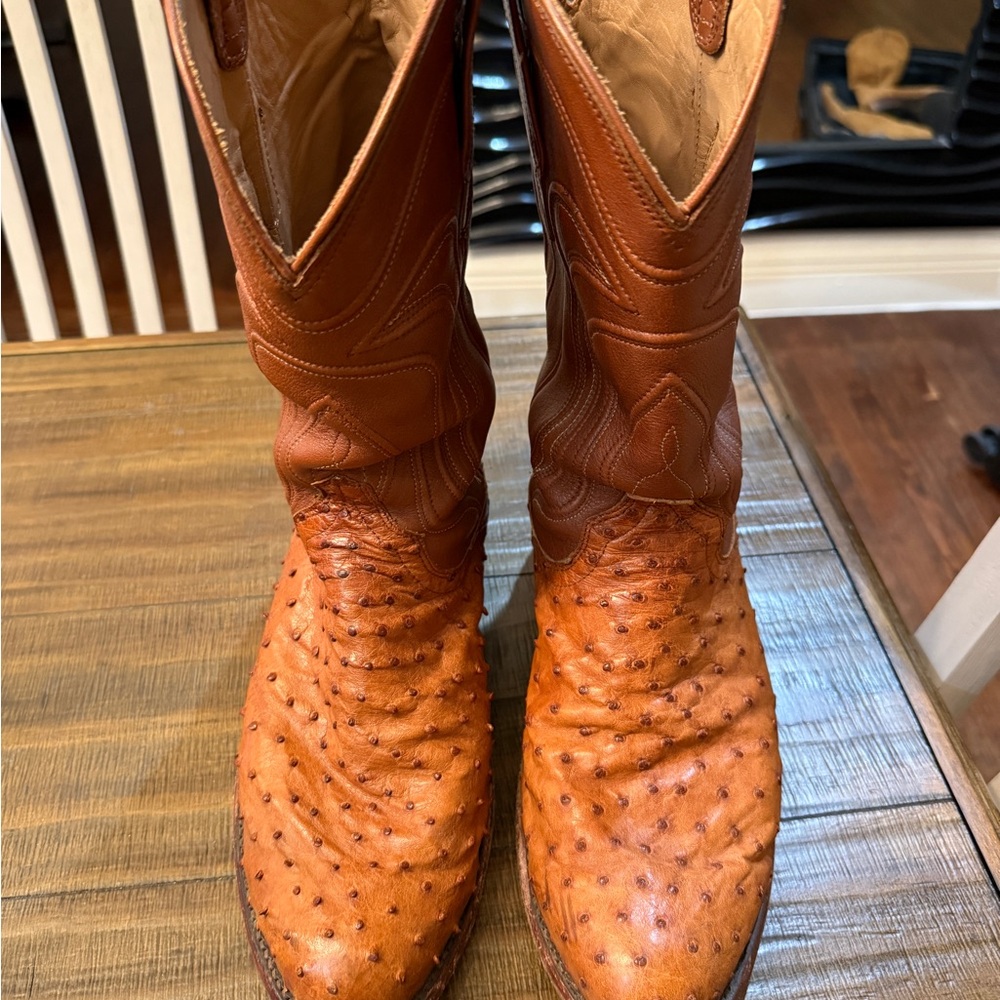 Tecovas Tan Ostrich Leather Cowboy Boots